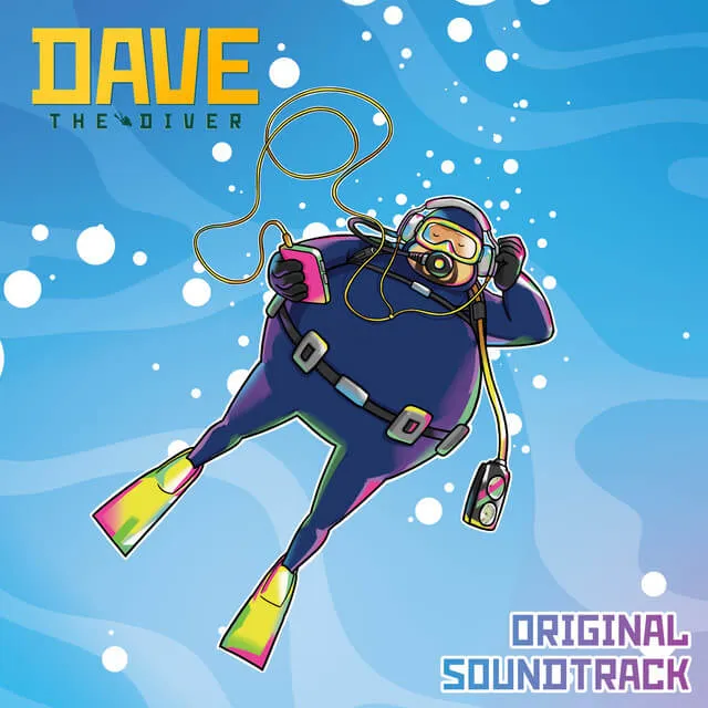 Cover art for Dave the Diver Original Soundtrack, showing Dave, a chubby diver in a blue wetsuit, floating underwater with bubbles. He holds a phone with a yellow cord, and the title appears in bold yellow text at the top.