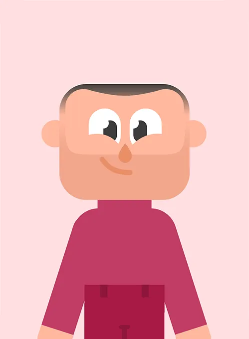 A cartoon-style digital illustration of a Duolingo avatar representing Ömür Yanıkoğlu. The avatar has a round face with light skin tone, short dark hair, large round eyes with black pupils, a small triangular nose, and a simple curved smile. The avatar is wearing a maroon long-sleeved shirt and matching maroon pants. The background is a soft pink color.