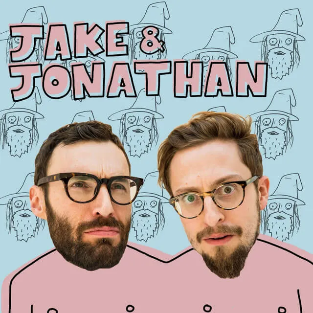 Cover art for the Jake & Jonathan podcast, showing cutout heads of Jake Knapp and Jonathan Courtney on a cartoon body, with a light blue background filled with doodles of a wizard face.