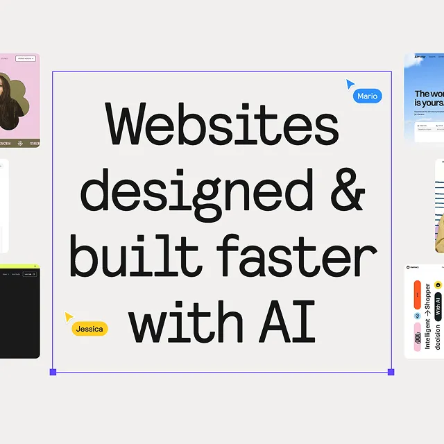 “Websites designed & built faster with AI” displayed in bold text, surrounded by website thumbnails and chat-like labels with names like Jessica and Mario.